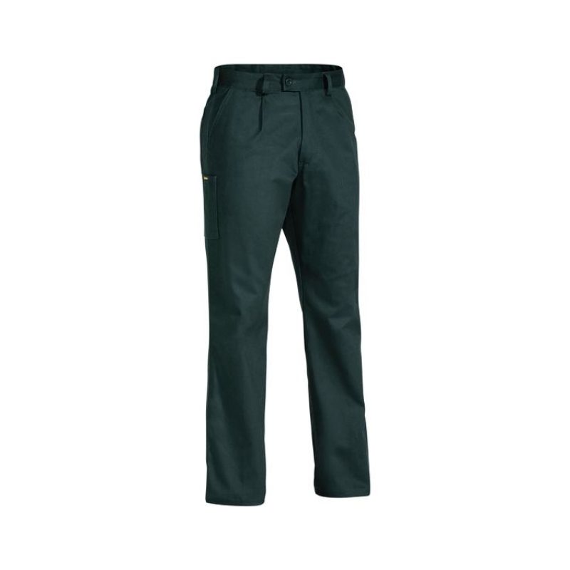 Front View of the Bisley Original Cotton Drill Pant. Showing the two, single front pleats, the front pockets and mobile phone pocket on right leg.