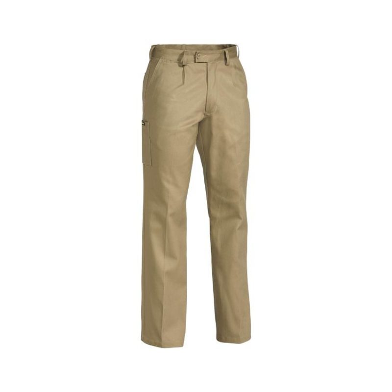 Front View of the Bisley Original Cotton Drill Pant. Showing the two, single front pleats, the front pockets and mobile phone pocket on right leg.