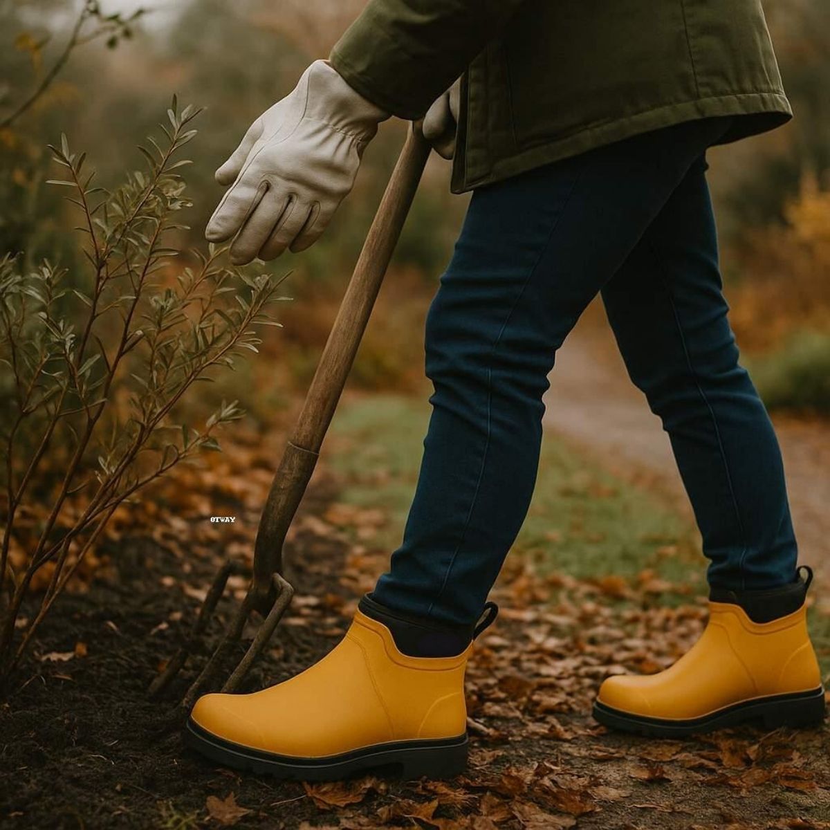 Person gardening in yellow OTWAY Ladies Chelsea Boots on a leafy path.