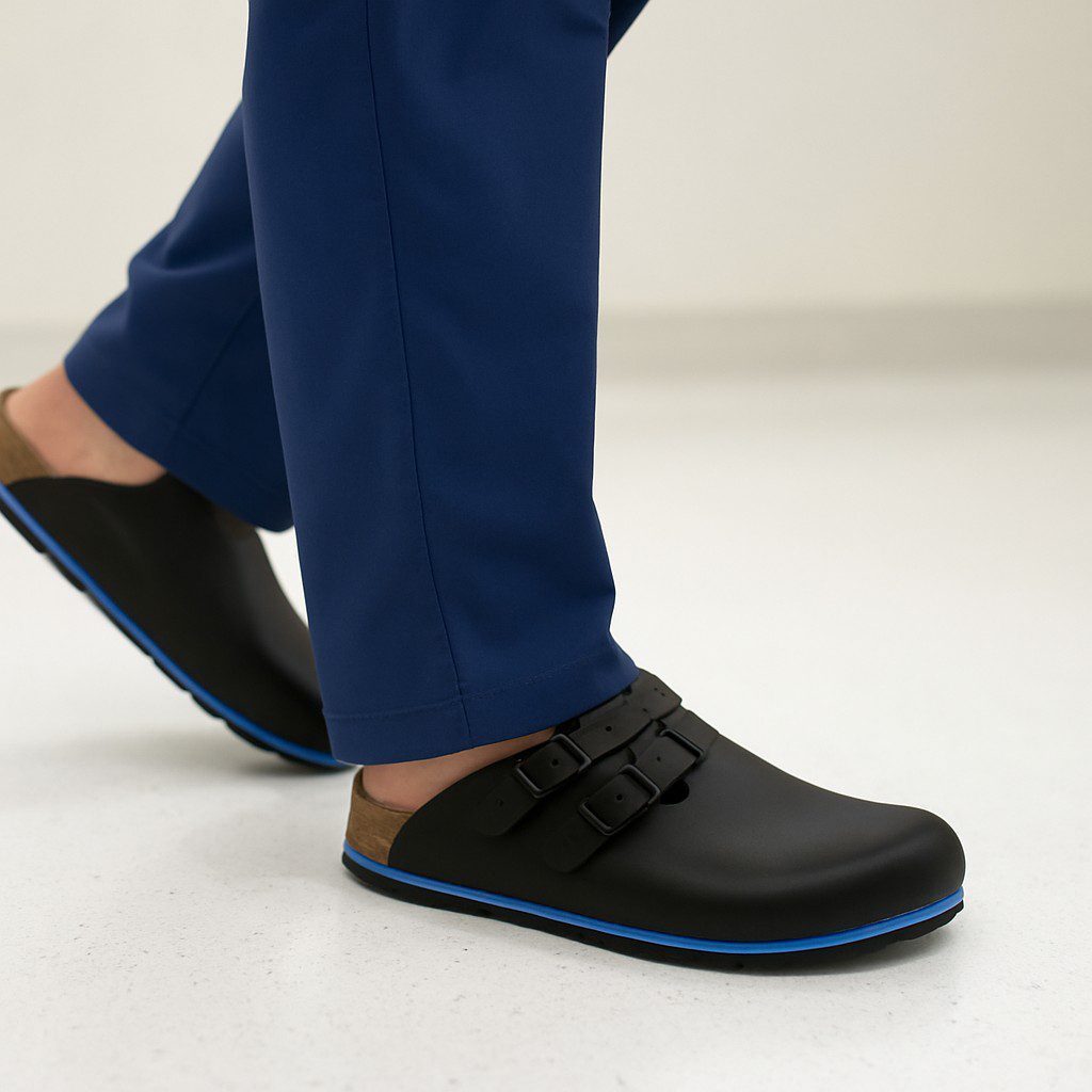 Birkenstock Kay Pro PU Coated Leather Black Clogs worn with navy pants, showing the adjustable straps and supportive nonslip sole ideal for medical and professional use.